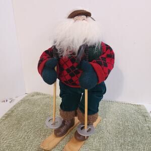 Vintage Skiing Santa Claus Figure Red Sweater Wood Skis 12" Christmas Decor